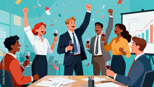 This office illustration shows a team of businesspeople toasting with champagne glasses, surrounded by falling confetti and ribbons, capturing the joyful celebration of a work success or achievement.