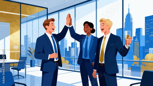 This office illustration shows a team of businesspeople toasting with champagne glasses, surrounded by falling confetti and ribbons, capturing the joyful celebration of a work success or achievement.