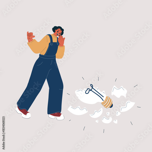 Cartoon vector illustration of woman breaking a light bulb and looking at the shards, symbolizing mistakes, learning, and reflection
