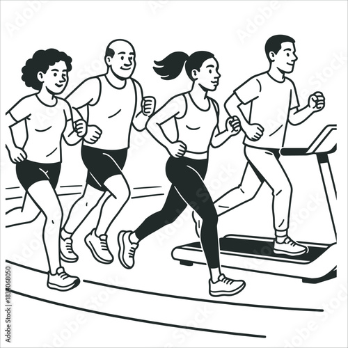 A diverse group running on track and treadmill