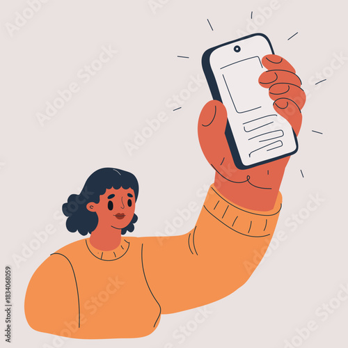 Cartoon vector illustration of woman showing a smartphone screen, symbolizing sharing, digital communication, and modern technology