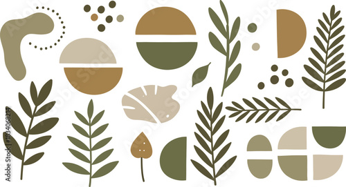 Abstract mid century modern botanical elements with organic shapes and earth tones for decorative design and artistic backgrounds