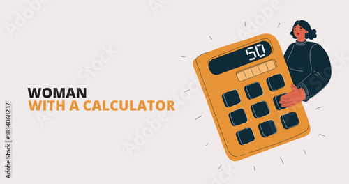 Cartoon vector illustration of woman using a calculator, symbolizing finance, budgeting, and accounting