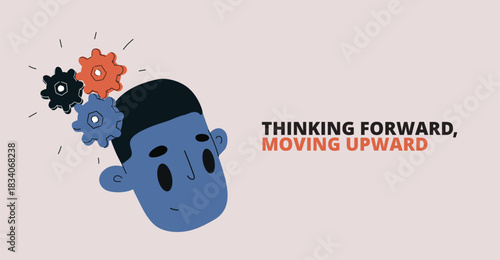 Cartoon vector illustration of a head with gears inside, symbolizing thinking, problem-solving, and mental processes