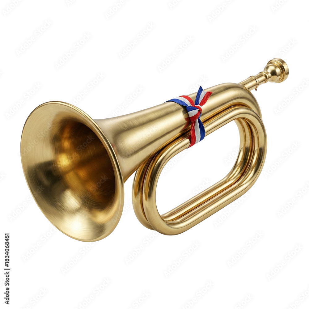Obraz premium Brass bugle with ribbon isolated on transparent background