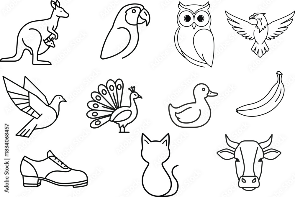 Obraz premium Collection of line art drawings of animals and objects