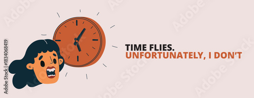 Cartoon vector illustration of woman looking at a wall clock, symbolizing time management, punctuality, and daily routine