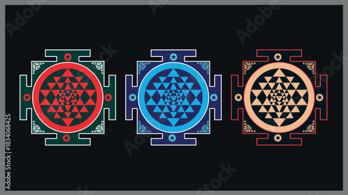 Three vibrant Sri Yantra symbols in red, blue and gold