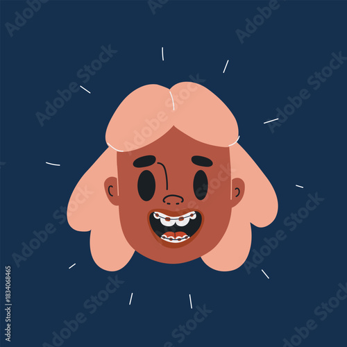 Cartoon vector illustration of woman with braces, symbolizing dental care, confidence, and self-improvement against dark background