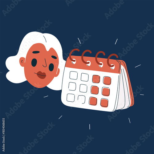 Cartoon vector illustration of woman holding a calendar, symbolizing planning, organization, and scheduling against dark background