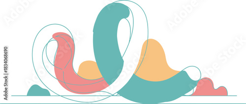 Abstract organic shapes and flowing lines in vibrant coral teal and orange create a dynamic and whimsical artistic composition against a clean white background