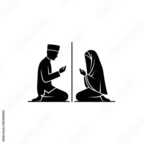 silhouette icon of moslem a man and a woman praying, sitting on their knees, separated by a vertical line. The man wears a moslem cap the woman wears a long hijab