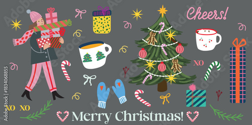 Colorful Christmas composition with a decorated tree, festive drinks, gifts, lights, candy canes and cozy winter details. Ideal for greeting cards, posters, social media graphics and holiday projects.