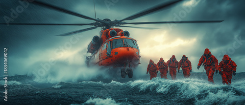 AI generator images of A rescue helicopter is operating over rough seas. This model of helicopter is renowned for its durability and effectiveness in search and rescue operations in hazardous environm