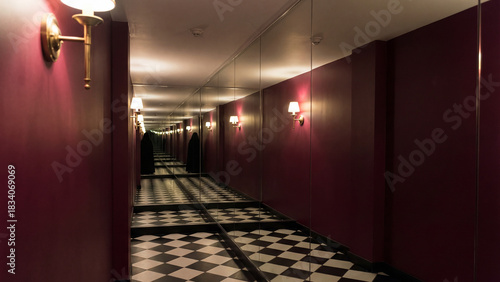 An endless, mysterious hallway with red walls, a checkered floor, and mirrors creating an infinite reflection. A surreal, psychological, and eerie scene.