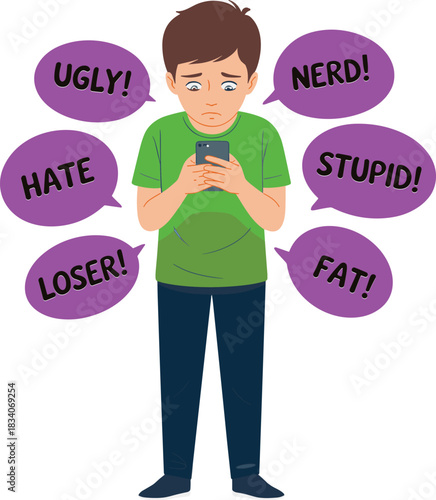 Sad boy experiencing cyberbullying on smartphone, surrounded by negative abusive messages, emotional stress from online harassment, digital safety awareness illustration