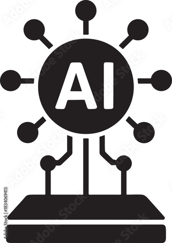 Spherical AI orb silhouette hovering above a base platform with small connected nodes.