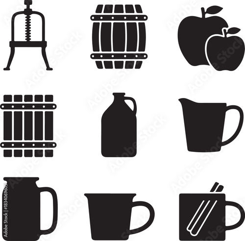 Apple cider, autumn drink, barrel press, sweet juice, hot beverage, harvest season, cinnamon spice, wooden cask, fruit production, rustic kitchen