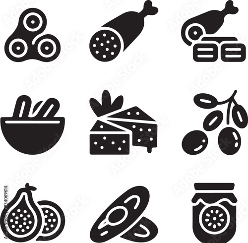 Appetizer food, tapas snack, salami meat, cheese platter, olive branch, delicious meal, fig fruit, bread slice, organic jam, grocery products