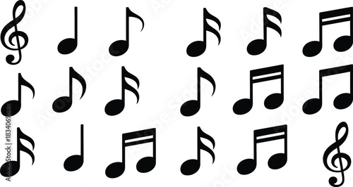 Music notes and treble clef icons set, black musical symbols collection, simple melody rhythm signs, vector illustration on white background