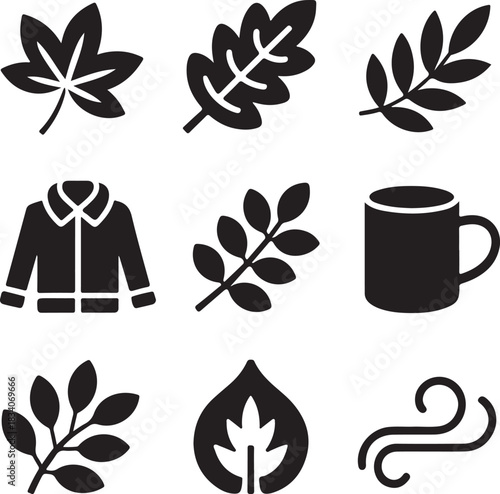 Autumn leaves, winter jacket, fall season, wind blowing, nature foliage, warm clothing, hot mug, oak leaf, maple shape, seasonal weather