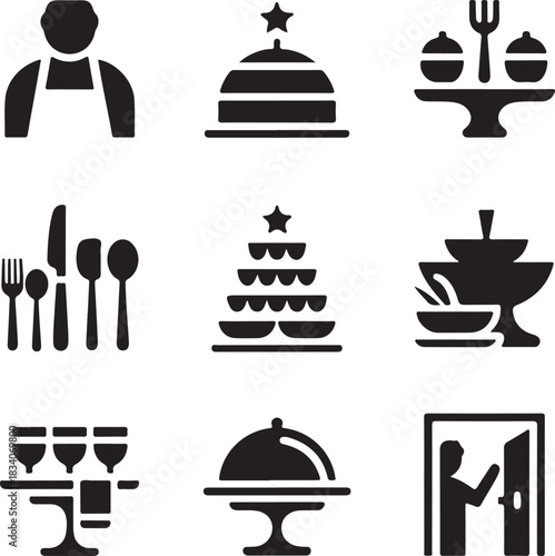 Restaurant service, fine dining, hospitality waiter, catering food, hotel butler, serving tray, dinner menu, cloche dish, wine glass, luxury meal