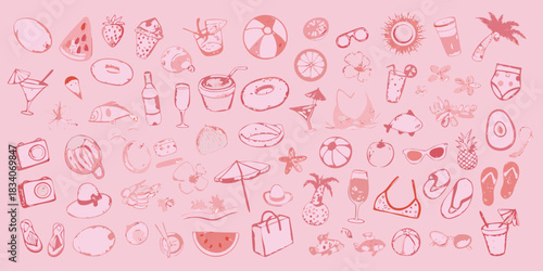 Summer vacation doodles on pink background beach food and activities illustration