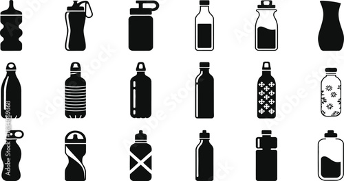 Reusable drink bottle icons set, mixed silhouette and outline water flasks collection, sports and travel hydration containers, vector illustration