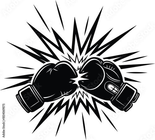 Black boxing gloves colliding with starburst effect