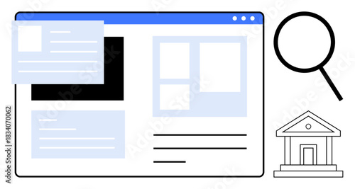 Webpage structure, magnifying glass, government building. Ideal for research, data, learning, government, education analysis technology. Simple flat metaphor