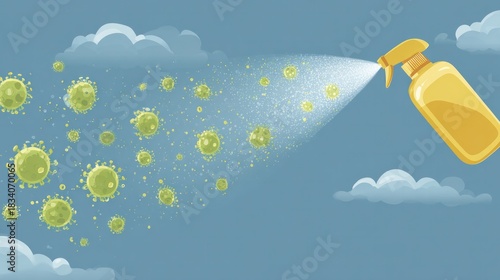 Sanitizing Solution in Action: An illustrative image depicts the forceful spray of a sanitizer bottle neutralizing a cloud of harmful viral particles.