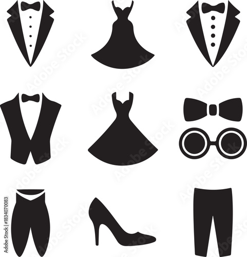 Wedding suit, bridal dress, tuxedo icon, formal wear, marriage celebration, groom attire, party glasses, bow tie, fashion clothing, elegant gown