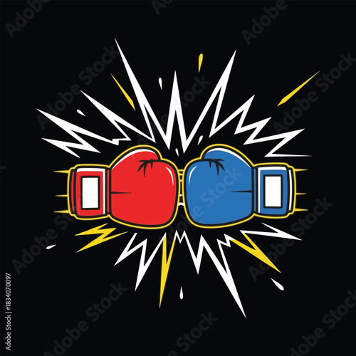 Red and blue boxing gloves clashing with white and yellow starbursts