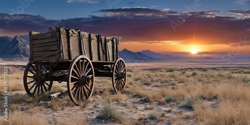 Un chariot en bois de style western abandonné dans une plaine désertique, avec coucher du soleil en arrière-plan.