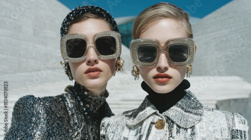 Two individuals pose outside a modern structure while wearing large sunglasses and unique outfits suitable for a fashion event. The setting features a clear blue sky and sleek architecture