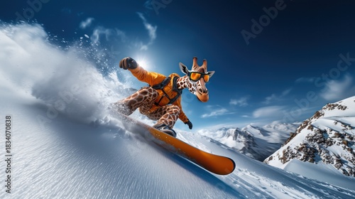 Une girafe dévalant une piste de ski en snowboard, vêtue d'une combinaison orange, dans une station de haute montagne, style cinématographique, image avec espace pour texte.