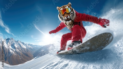 Un tigre sur un snowboard, vêtu d'une tenue de sports d'hiver rouge, dévalant une piste de ski dans une station de haute montagne, avec un magnifique ciel bleu en arrière-plan, style cinématographique