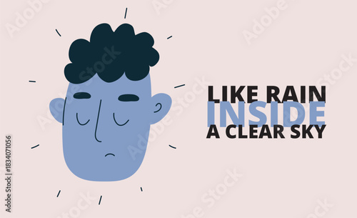 Cartoon vector illustration of sad blue man, symbolizing melancholy, loneliness, and emotional depth