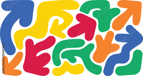 Vibrant abstract organic shapes and arrows in a playful pattern of bright primary and secondary colors on a white background