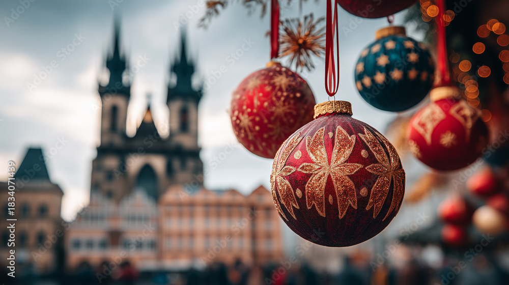 Obraz premium Prague Christmas Market Ornaments Hanging Over Historic Skyline in a Magical Winter Evening Scene