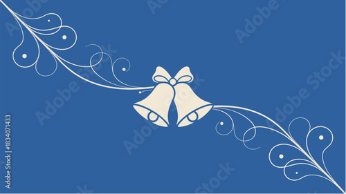 Christmas bells in white line art on blue background with empty area for text