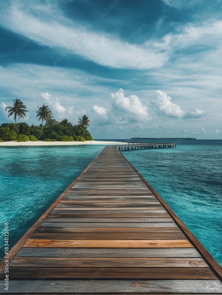 Fototapeta premium A long wooden pier leading into the ocean against a backdrop of palm trees and blue skies.