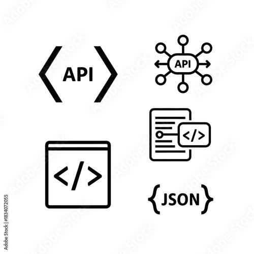 API Icons Set - Code, JSON, Document, and Network Symbols in Black and White.