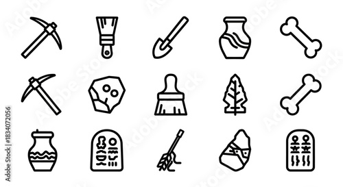 Archaeological excavation tools and artifacts in outline style.