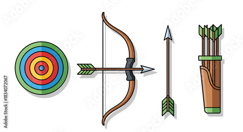 Archery Equipment Set - Bow, Arrow, Target, and Quiver Illustration.