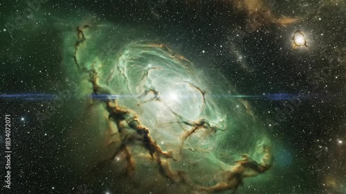 Deep space visualization of swirling green and gold nebula gas clouds vibrating with an ethereal and cinematic quantum rhythm backdrop, vortex, fantasy