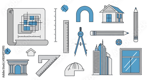 Architectural Design Elements - Blueprints, Tools, and Building Illustrations.