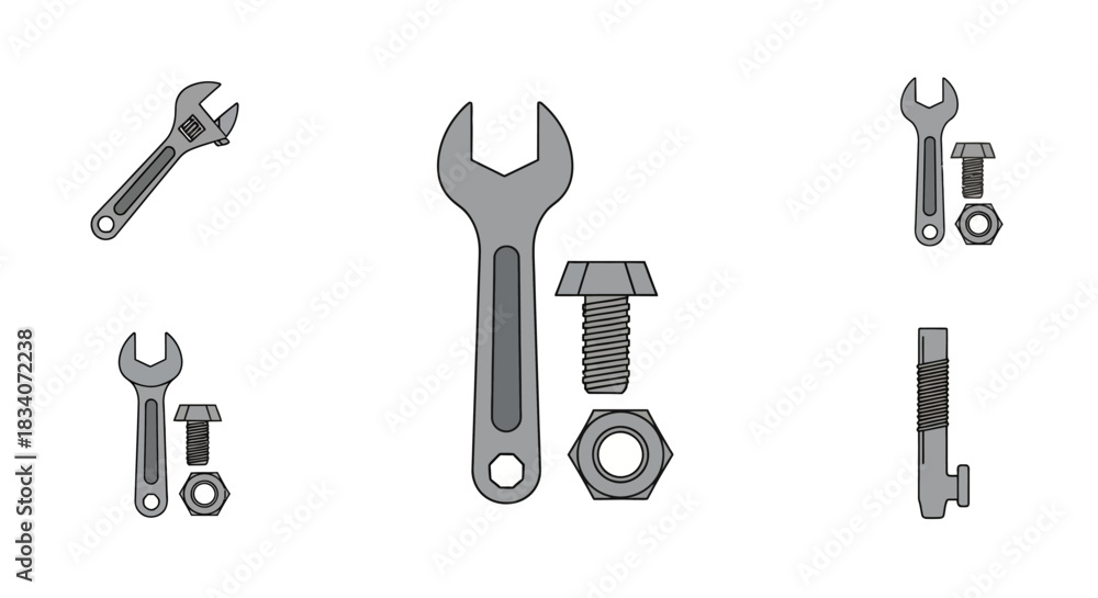 Obraz premium Assorted gray flat design wrenches, bolts, and nuts vector illustrations for mechanical work.