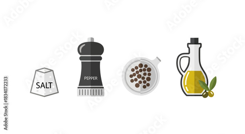 Assorted kitchen seasonings - salt packet, black pepper grinder, whole peppercorns, and olive oil bottle with green olives.