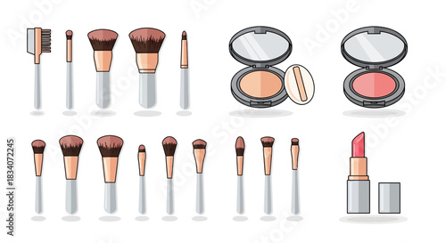 Assorted Makeup Brushes, Compacts, and Lipstick Illustration.